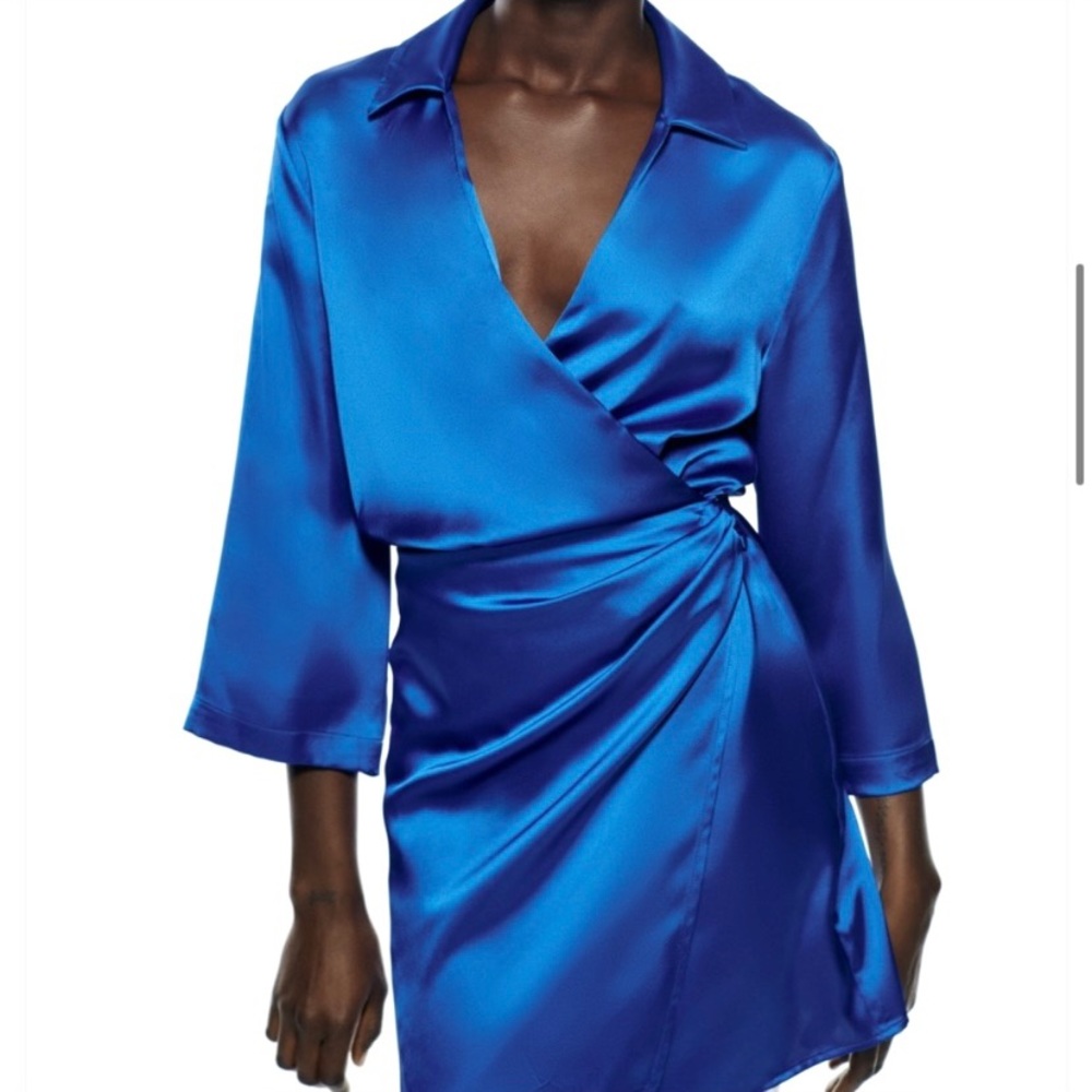 Zara Royal Blue Satin Wrap Mini Dress - Picture 4 of 16